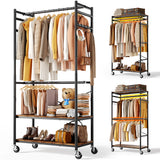 HOKEEPER Heavy Duty Rolling Garment Rack, Wood & Metal Clothing Rack with Shelves & Double Hanging Rods, Adjustable Height Freestanding Wardrobe for Bedroom, Closet Organizer, Max Load 450 LBS