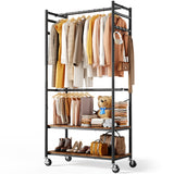 HOKEEPER Heavy Duty Rolling Garment Rack, Wood & Metal Clothing Rack with Shelves & Double Hanging Rods, Adjustable Height Freestanding Wardrobe for Bedroom, Closet Organizer, Max Load 450 LBS