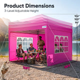 Quictent 10x10 Pop Up Canopy Tent with 3 Sidewalls | Instant Setup Gazebo for 1 Person, Pink