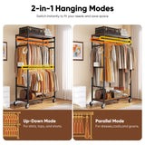HOKEEPER Heavy Duty Rolling Garment Rack, Wood & Metal Clothing Rack with Shelves & Double Hanging Rods, Adjustable Height Freestanding Wardrobe for Bedroom, Closet Organizer, Max Load 450 LBS