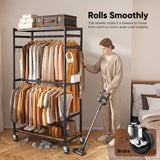 HOKEEPER Heavy Duty Rolling Garment Rack, Wood & Metal Clothing Rack with Shelves & Double Hanging Rods, Adjustable Height Freestanding Wardrobe for Bedroom, Closet Organizer, Max Load 450 LBS
