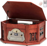 ORCC 10-in-1 Record Player, Nostalgic Turntable for Vinyl Record with Bluetooth, 2 Built-in Speakers, CD, Cassette,Mahogany