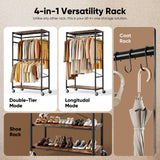 HOKEEPER Heavy Duty Rolling Garment Rack, Wood & Metal Clothing Rack with Shelves & Double Hanging Rods, Adjustable Height Freestanding Wardrobe for Bedroom, Closet Organizer, Max Load 450 LBS