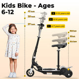 Zupapa Electric Scooter with Seat for Kids Ages 6-12, 6" Pneumatic Tire, Up to 10 mph and 70 min Ride Time, for Riders up to 155 lbs, Removable Seat 2 Riding Styles Black