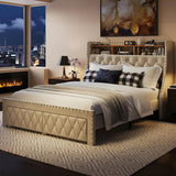 TATAGO 1000LBs Queen Bed Frame with 3-Tier Hidden Storage, Upholstered Headboard Bed Frame with 2 Drawers and Charging Station, No Box Spring Needed