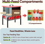 Quictent 100-140 Lbs Chicken Feeder, 3-Compartment Galvanized Metal Poultry Feeder with Adjustable Height Legs, 8 Feeding Ports No Waste Rat Proof Automatic Gravity Feeder