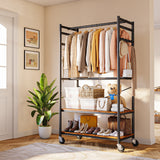 HOKEEPER Heavy Duty Rolling Garment Rack, Wood & Metal Clothing Rack with Shelves & Double Hanging Rods, Adjustable Height Freestanding Wardrobe for Bedroom, Closet Organizer, Max Load 450 LBS