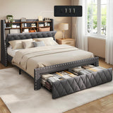 TATAGO 1000LBs Queen Bed Frame with 3-Tier Hidden Storage, Upholstered Headboard Bed Frame with 2 Drawers and Charging Station, No Box Spring Needed
