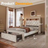 TATAGO 900LBs Twin Bed Frame with 3-Tier Hidden Storage, Upholstered Headboard Bed Frame with Drawer and Charging Station, No Box Spring Needed