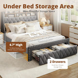 TATAGO 1000LBs Full Bed Frame with 3-Tier Hidden Storage, Upholstered Headboard Bed Frame with 2 Drawers and Charging Station, No Box Spring Needed