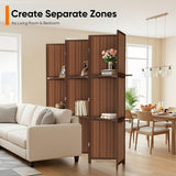 JOSTYLE Bamboo Room Divider with Shelves, 6-Panel Privacy Screen,67"H 96"W Browm
