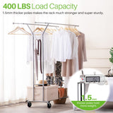 HOKEEPER 400 lbs Load Capacity Commercial Grade Clothing Garment Racks Heavy Duty Double Rails Adjustable Collapsible Rolling Clothes Rack on Wheels